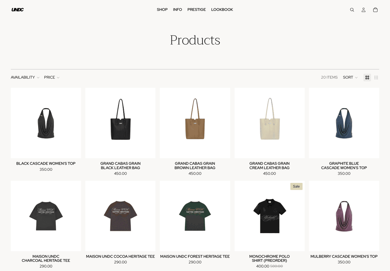UNDC Fashion product catalogue showing items with Ghana cedi pricing